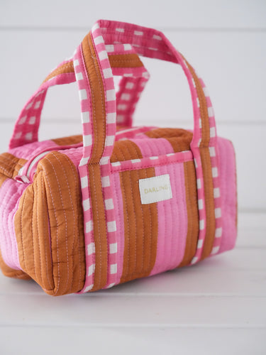 Quilted Handled Cosmetic Bag - Pink Saddle Stripe