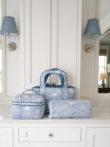Quilted Train Case - Soft Blue Floral