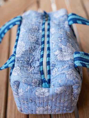 Quilted Handled Cosmetic Bag - Soft Blue Floral