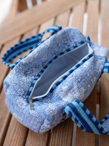 Quilted Handled Cosmetic Bag - Soft Blue Floral