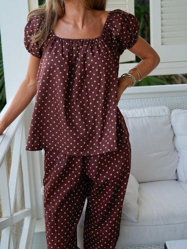 The Niko Pajama Set - Brown Olive Dot