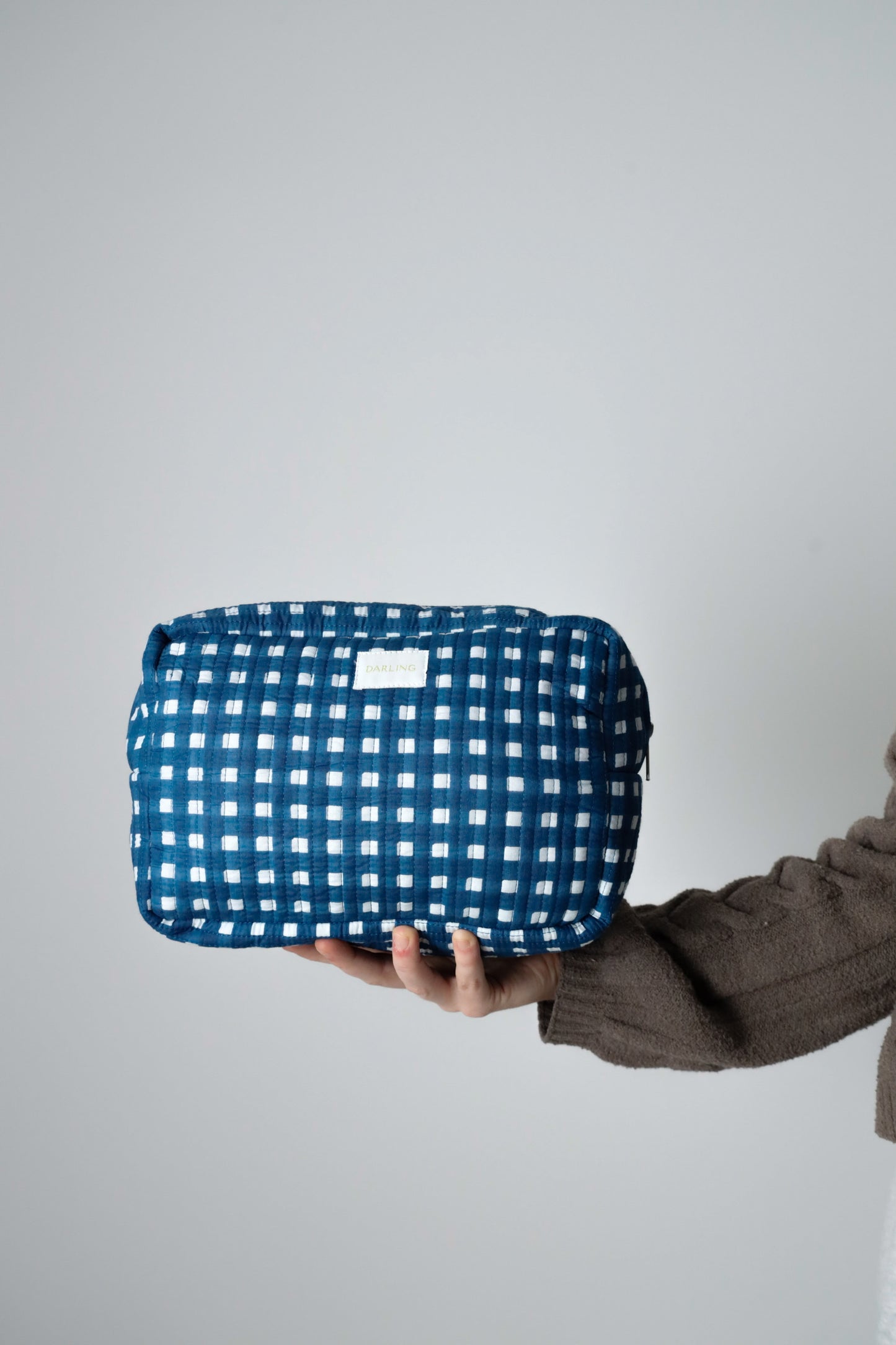 Quilted Cosmetic Pouch - Navy Blue Check