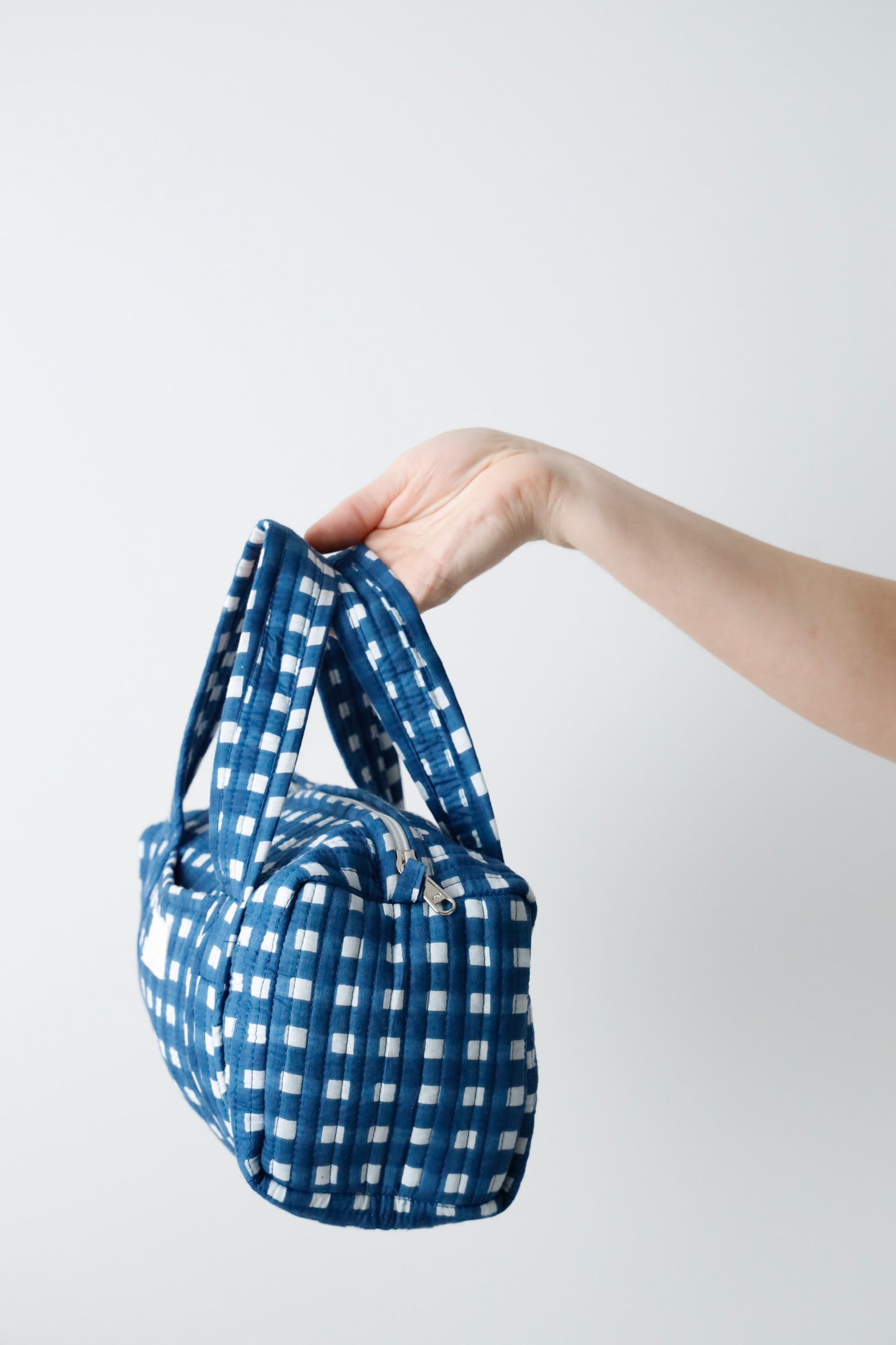 Quilted Handled Cosmetic Bag - Navy Blue Check