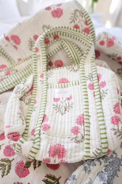 Quilted Handled Cosmetic Bag- Pink Daisy