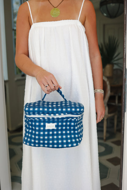 Quilted Cosmetic Train Case - Navy Blue Check