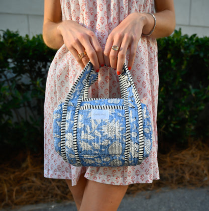 Quilted Handled Cosmetic Bag- Porcelain Blue