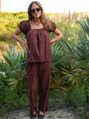 The Niko Pajama Set - Brown Olive Dot
