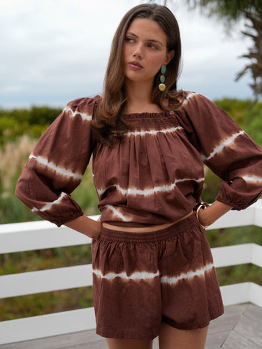 The Sweet and Short Set 3/4 Sleeves - Brown Tie-Dye Stripe