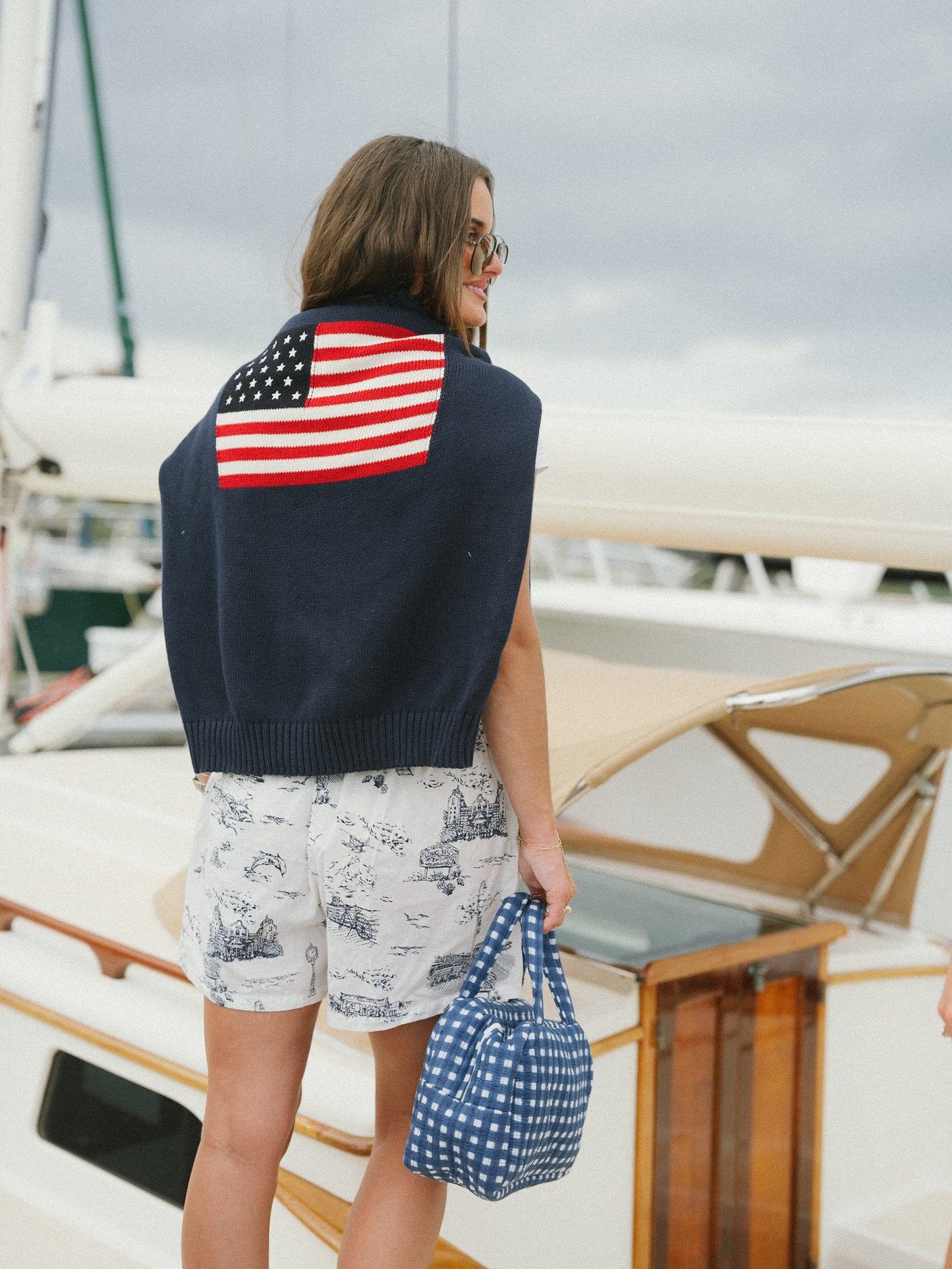 Quilted Cosmetic Tote - Navy Blue Check