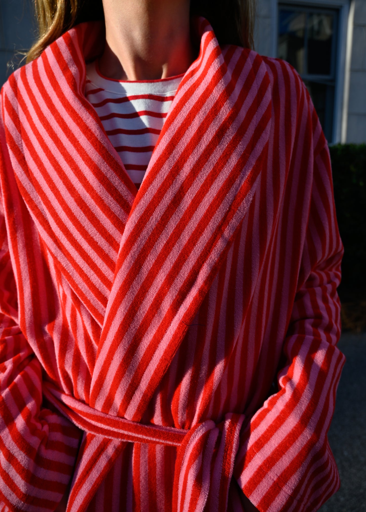 Plush Bathrobe in Pink and Red Stripe