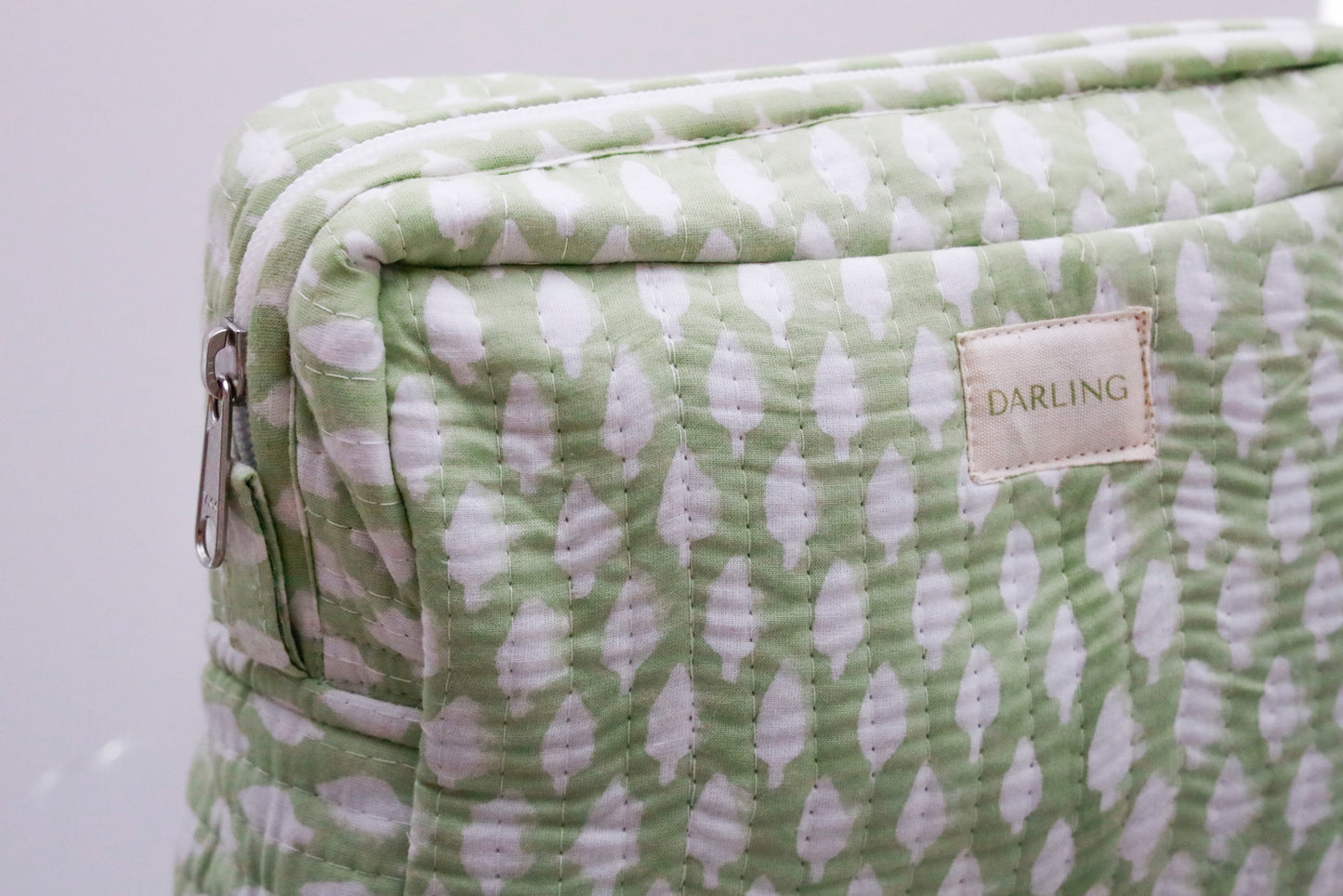 Quilted Cosmetic Bag - Sage Green Leaf