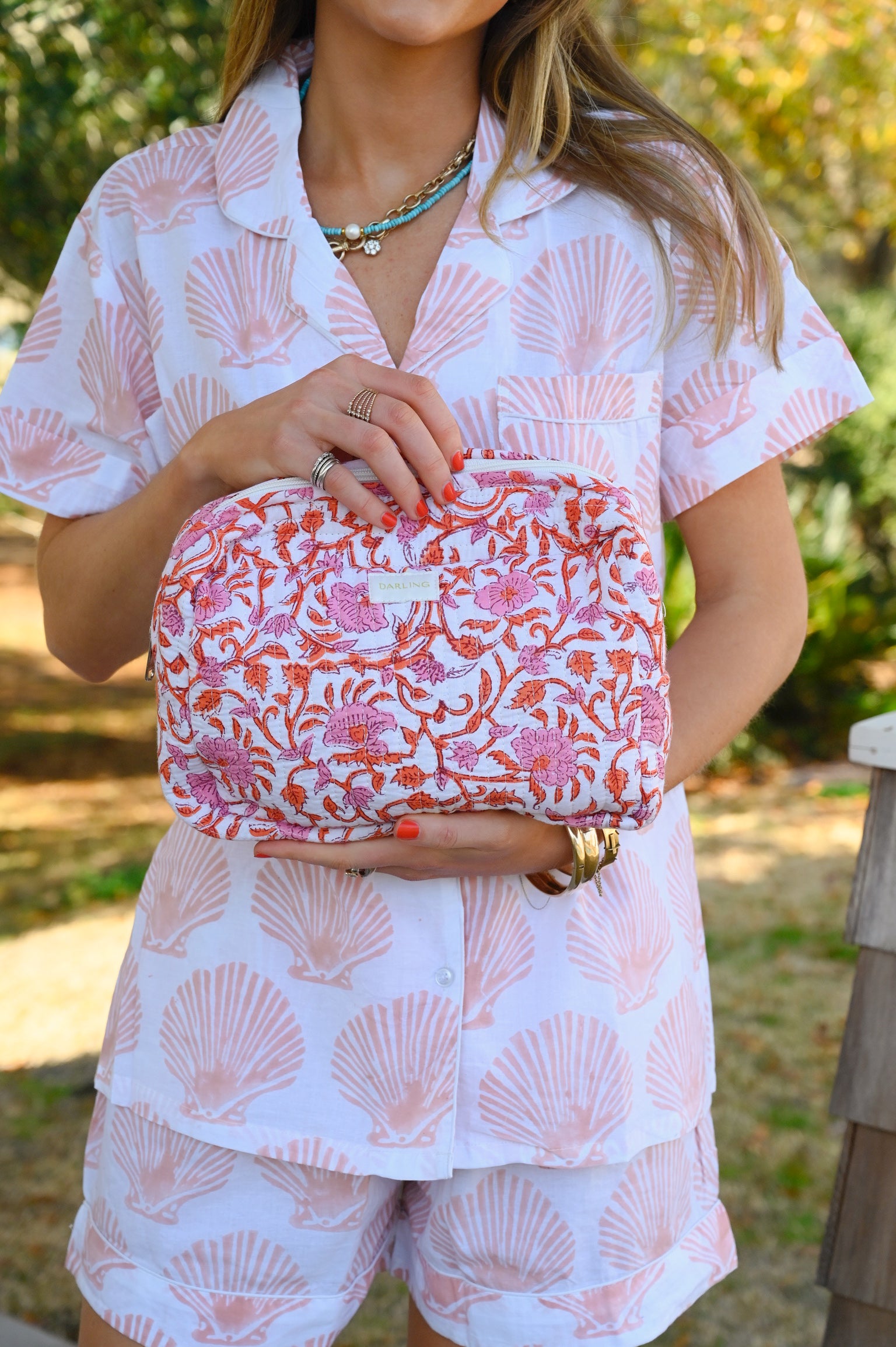 Quilted Cosmetic Bag - Coral Floral