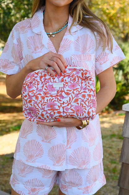 Quilted Cosmetic Bag - Coral Floral