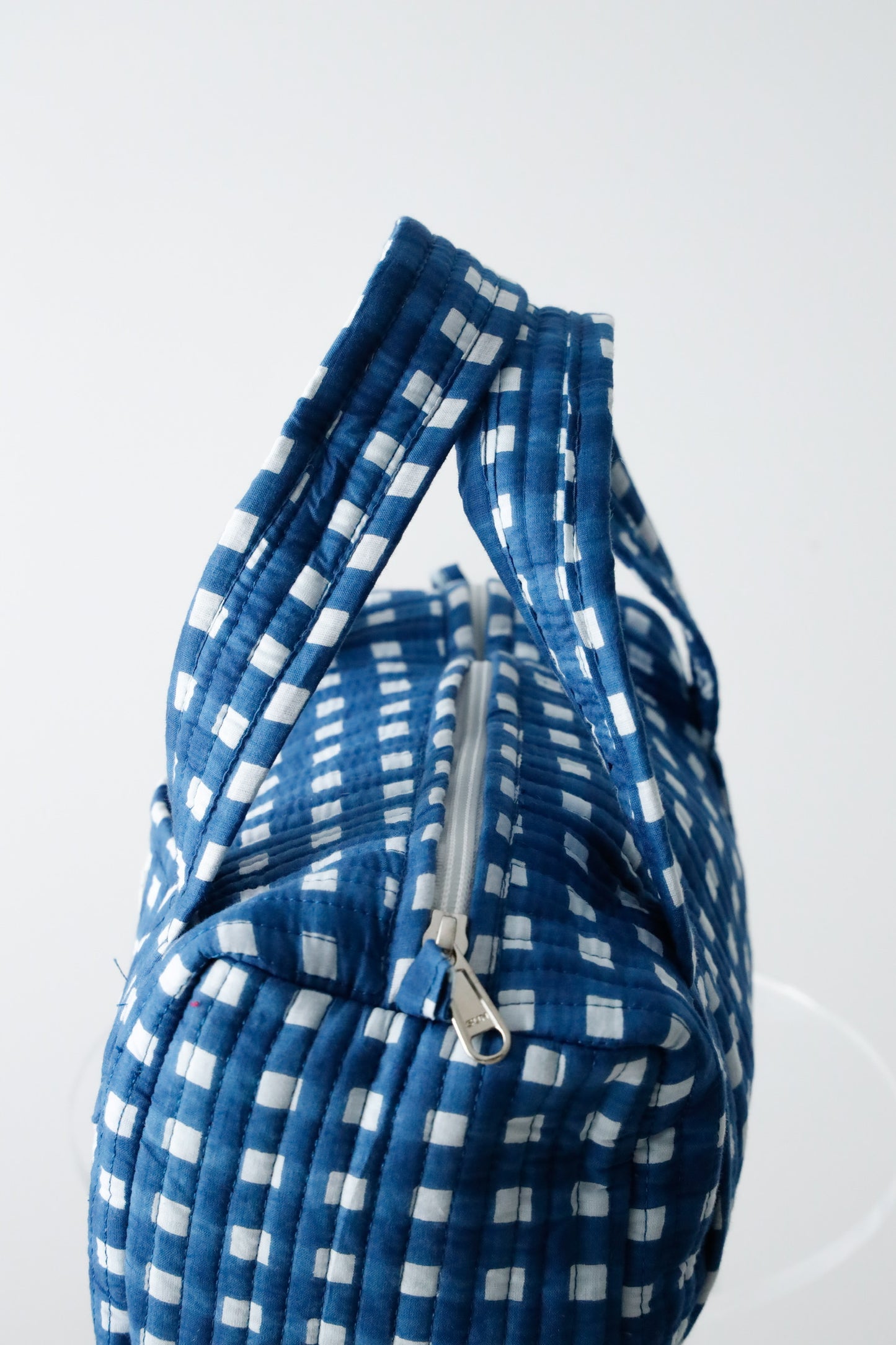 Quilted Handled Cosmetic Bag - Navy Blue Check