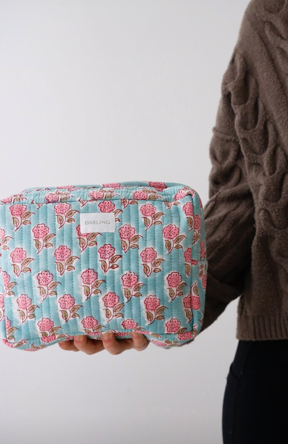 Quilted Cosmetic Bag - Pink and Blue Peony