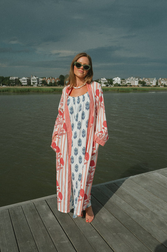 Bathrobe in Red Poppy Stripe - Long