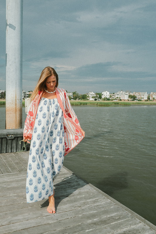 Bathrobe in Red Poppy Stripe - Long