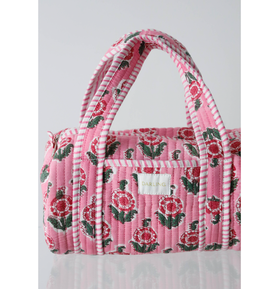 Quilted Handled Cosmetic Bag - Pink Poppy