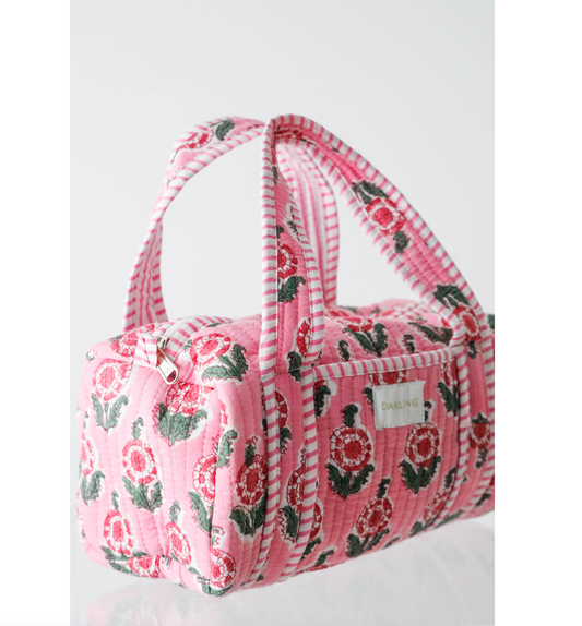 Quilted Handled Cosmetic Bag - Pink Poppy