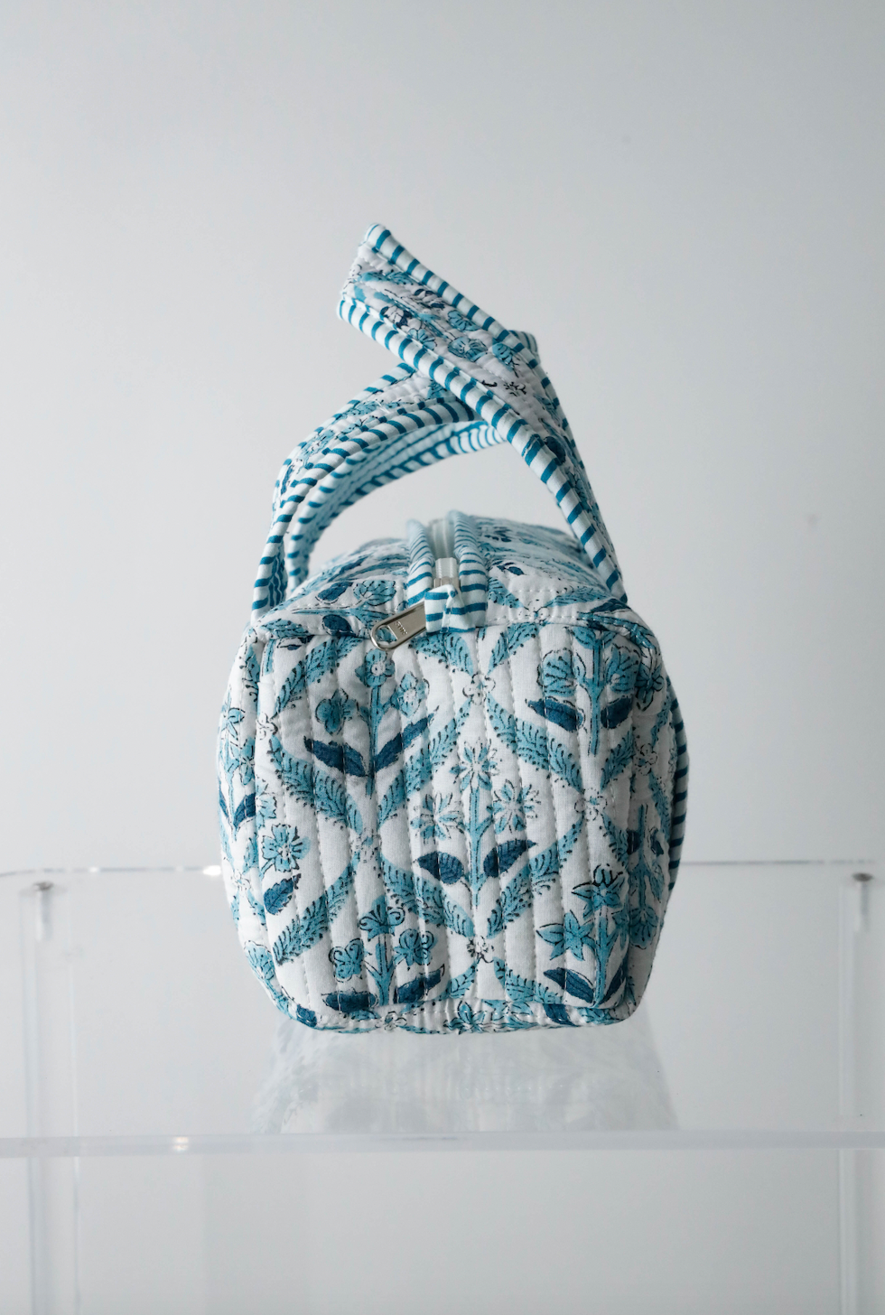 Quilted Handled Cosmetic Bag - Blooming in Blue