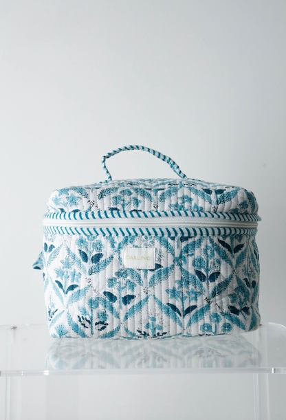 Quilted Cosmetic Train Case -  Blooming in Blue