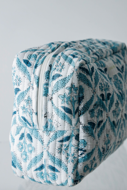 Quilted Cosmetic Pouch -  Blooming in Blue